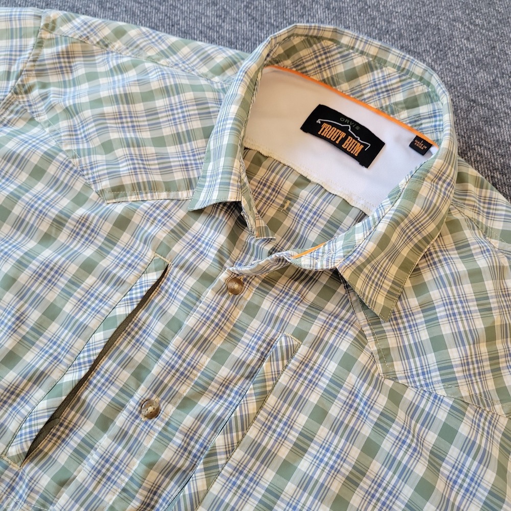 Orvis Trout Bum Shirt Mens Large Green Blue Plaid Button Up Short Sleeve Outdoor